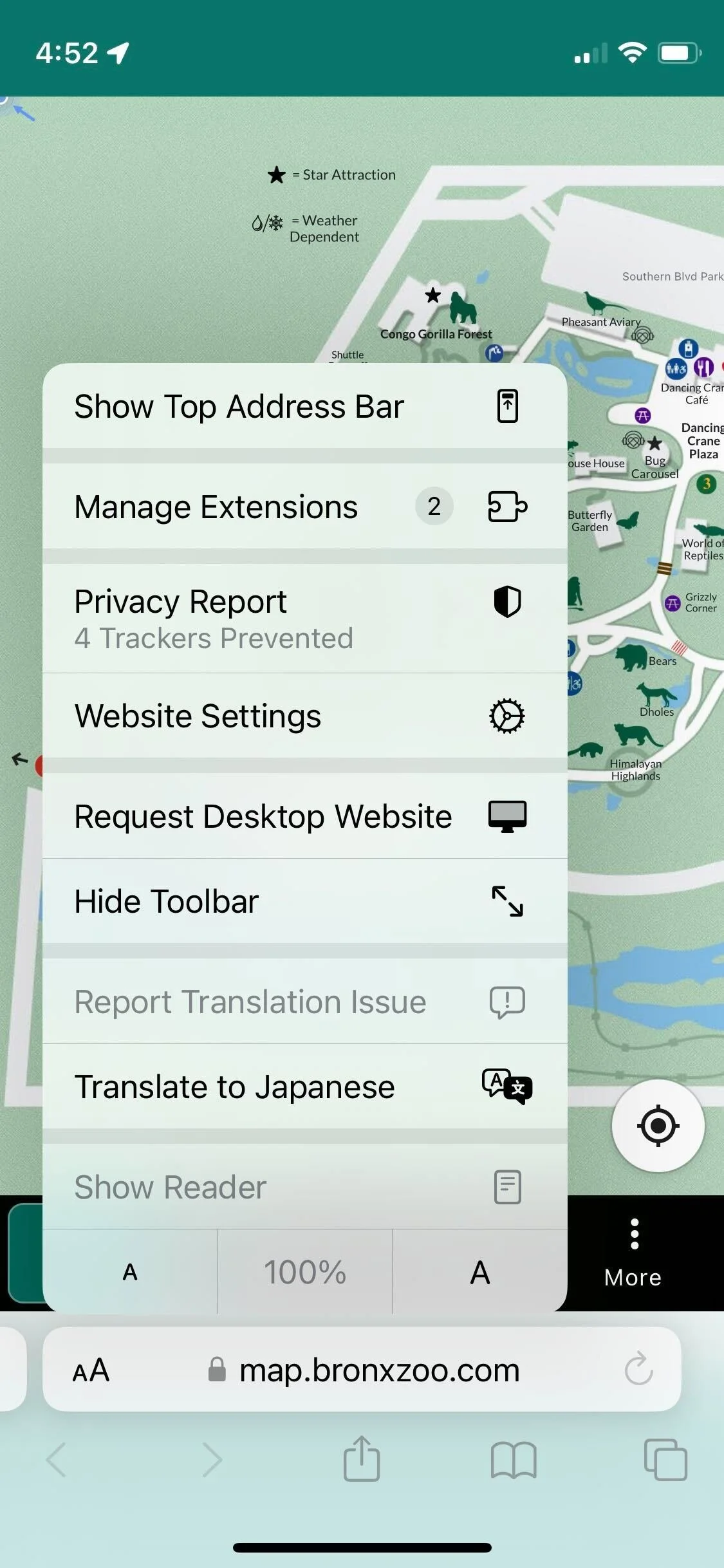 Website settings menu